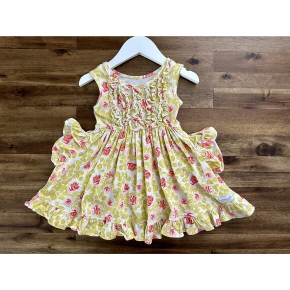 SweetHoney Citrus Floral Knit Sleeveless Ruffles Dress Yellow Red Pockets 18M - Picture 2 of 8